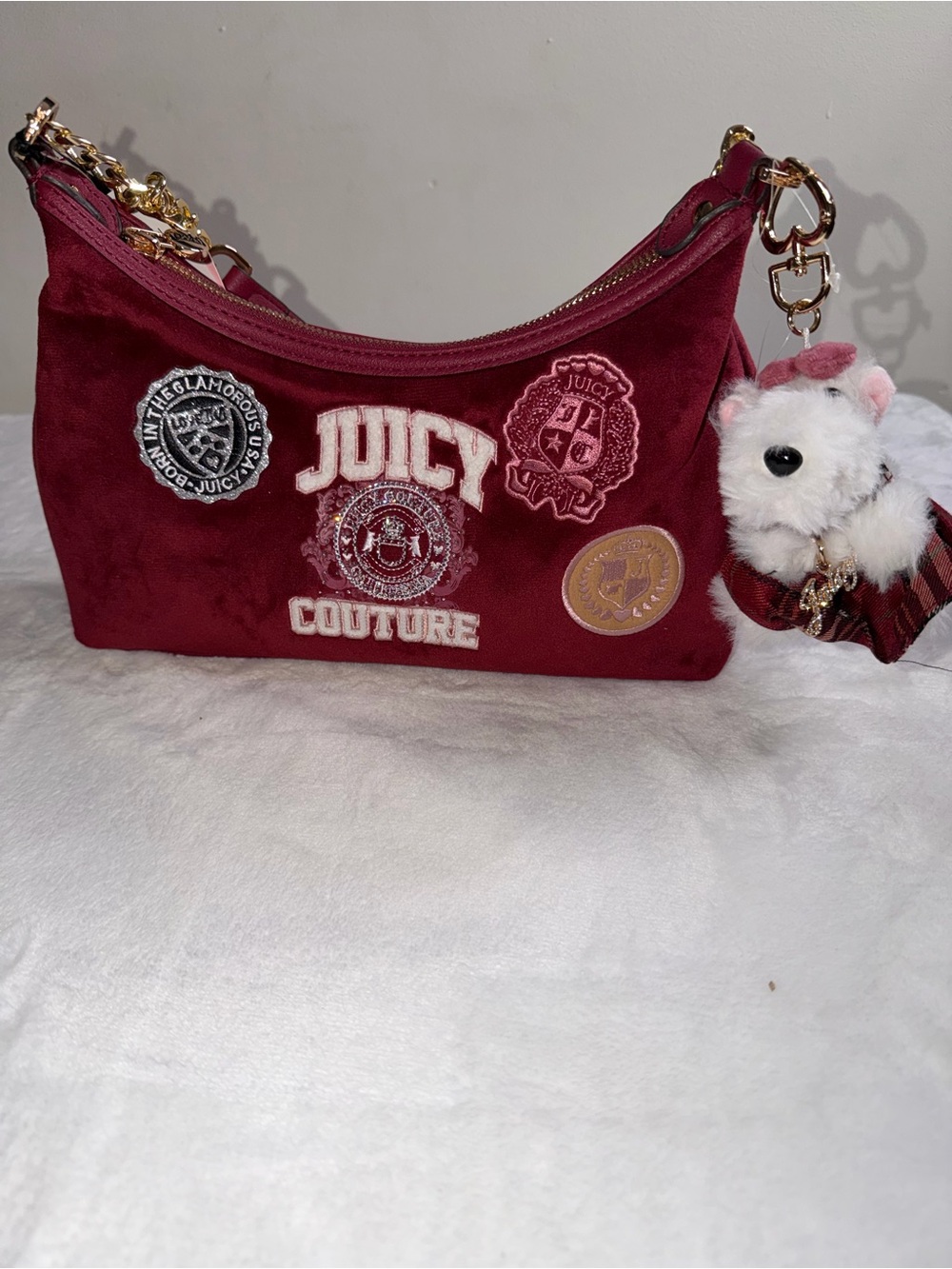 Juicy Couture Varsity Cranberry Juice Velour Shoulder Bag NWT
